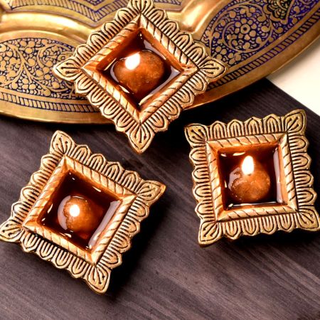 Brass Engraved Square Oil Lamp Diya Pack of 3